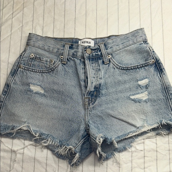 pistola Pants - Pistola Women's Frayed Hem Jean Shorts - Light Blue, Distressed Shorts, Button